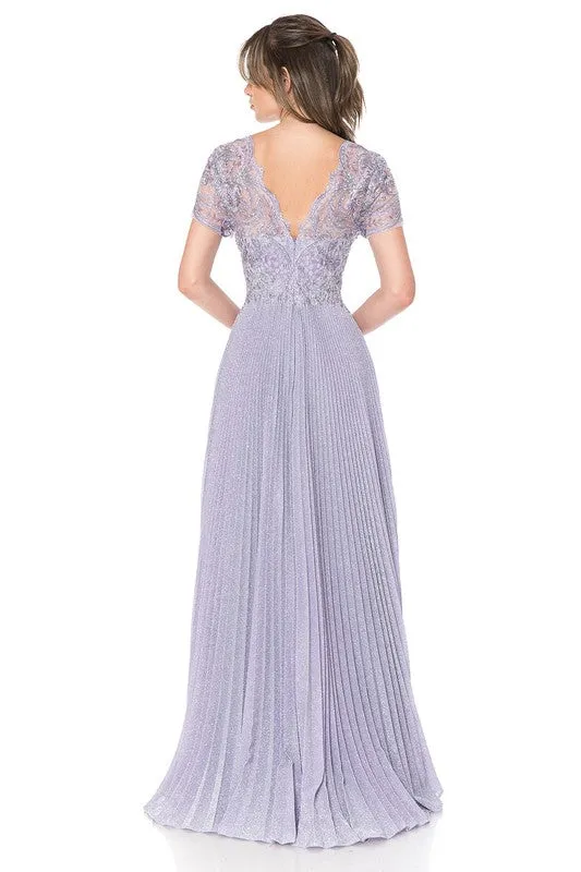 Light Purple Embroidered Sleeved Diamond Pleated Formal Dress