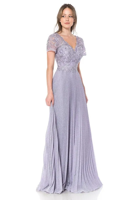 Light Purple Embroidered Sleeved Diamond Pleated Formal Dress