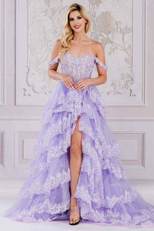 Lilac Off-Shoulder Embellished Mesh Corset Top Dress