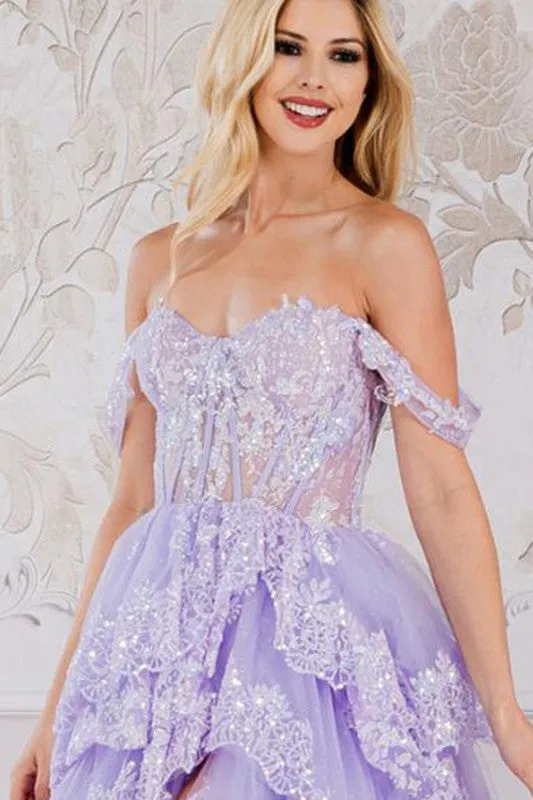 Lilac Off-Shoulder Embellished Mesh Corset Top Dress