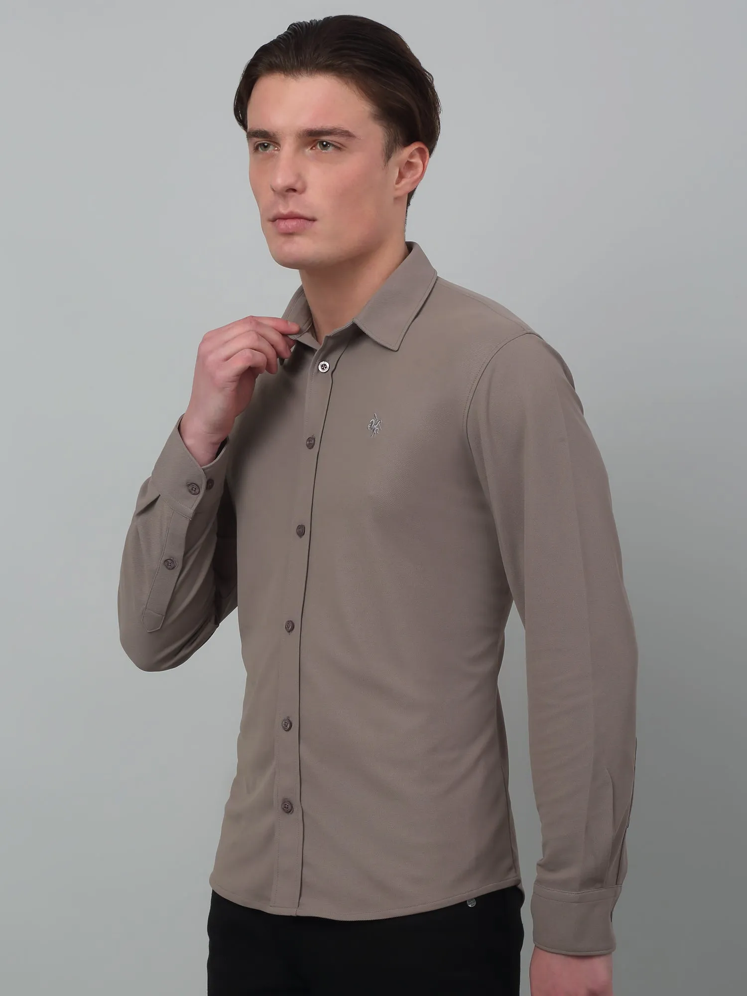 Men's Charcoal Grey Casual Plain Stretch Full Sleeve Shirt