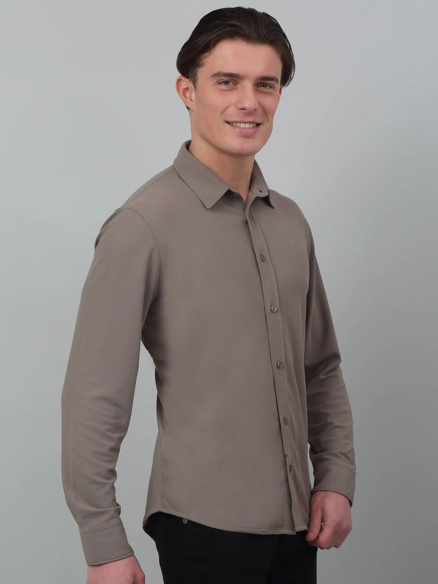 Men's Charcoal Grey Casual Plain Stretch Full Sleeve Shirt