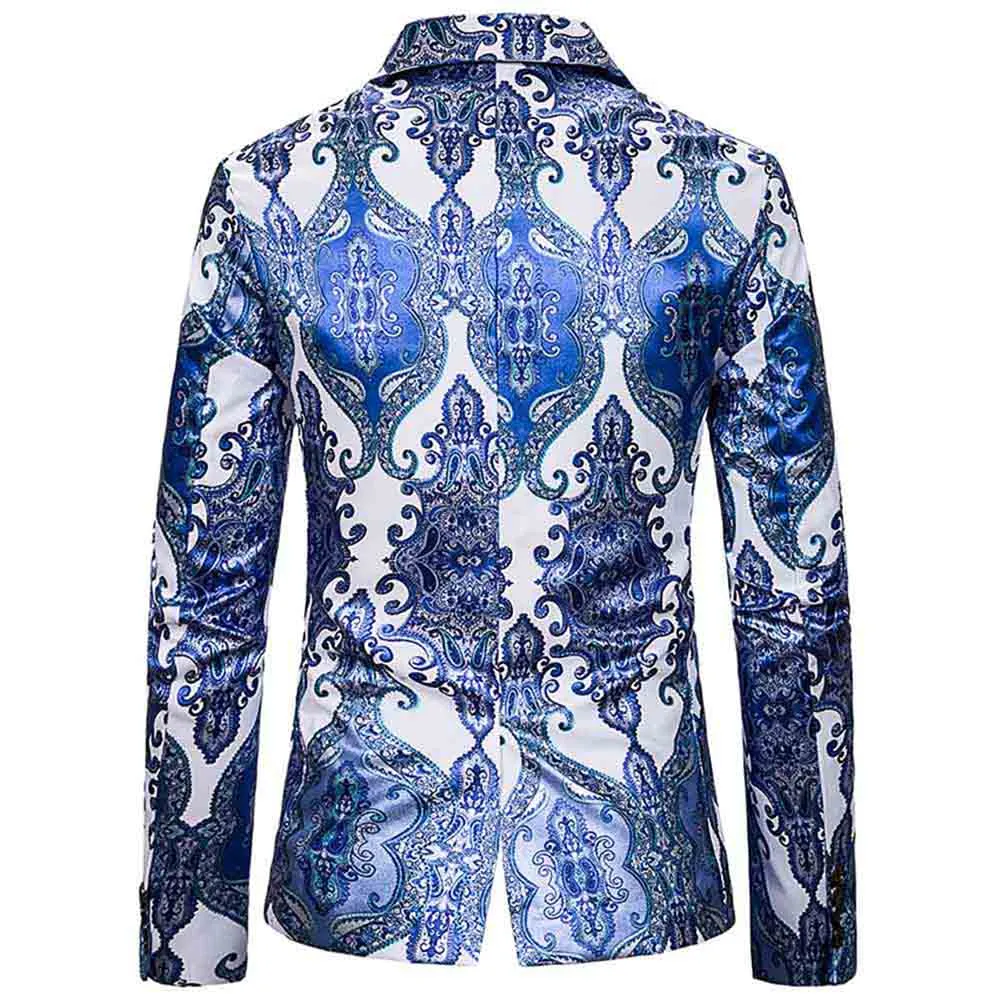 Men's Slim Fit Casual Fancy Printed Chic Blazer Jacket Floral Party Coats Light Blue