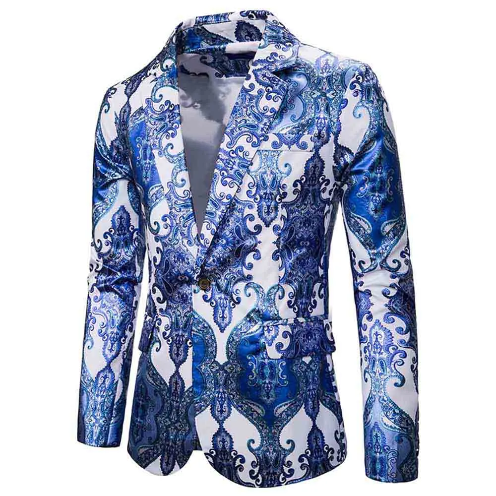 Men's Slim Fit Casual Fancy Printed Chic Blazer Jacket Floral Party Coats Light Blue