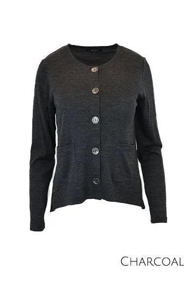 MERINO CRESCENT HEM CARDIGAN WITH POCKETS LONG SLEEVES ROUND NECK CHARCOAL