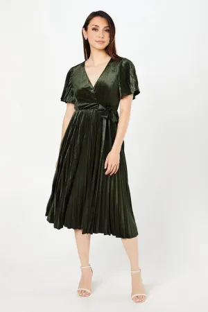 Olive A-Line Pleated Velvet Wrap Dress Wedding Guest Dresses Party Dresses