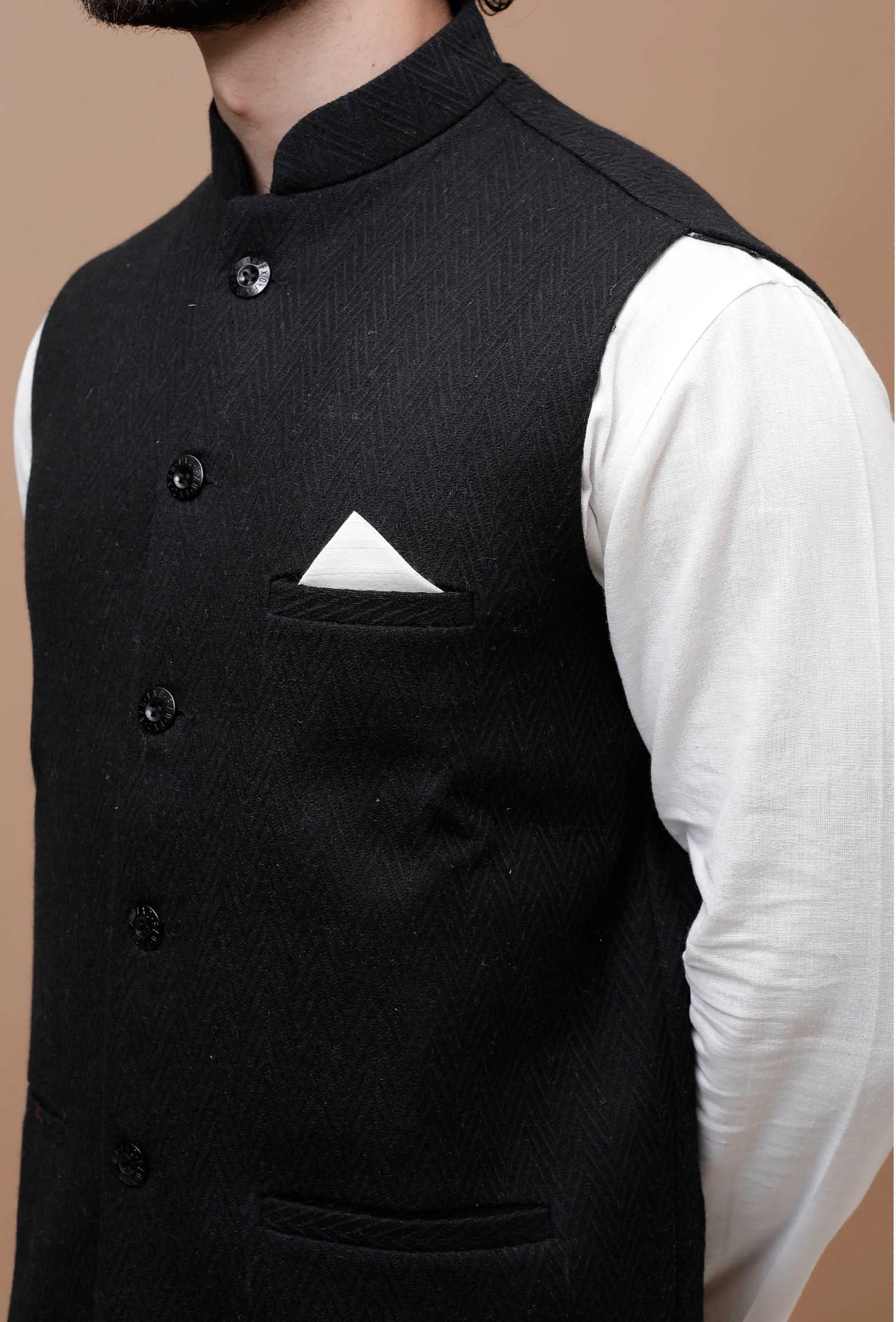 Onyx Black Check Woollen Nehru Jacket