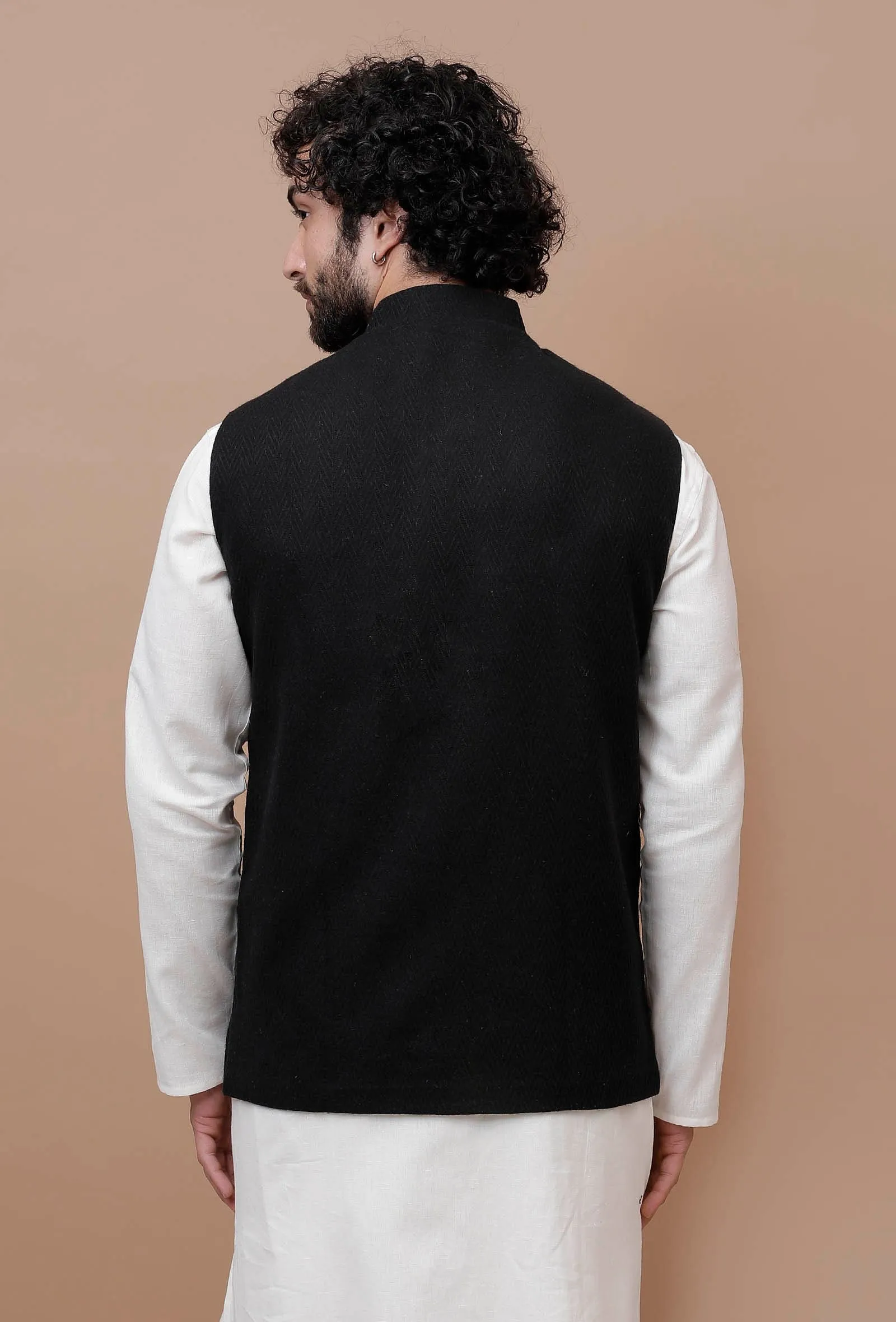 Onyx Black Check Woollen Nehru Jacket