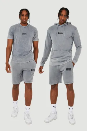 Orton Street Acid Wash Hoodie, T-Shirt & Shorts Set - Grey