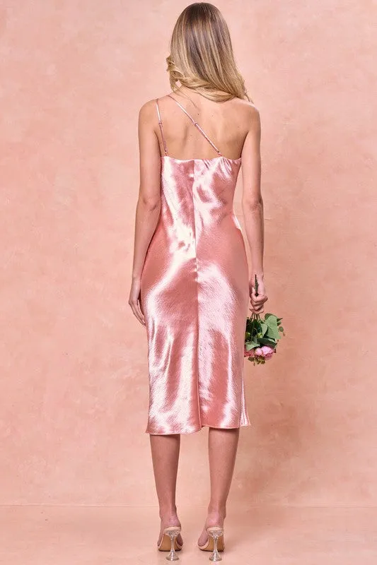 Pink One Shoulder Two Straps Satin Midi