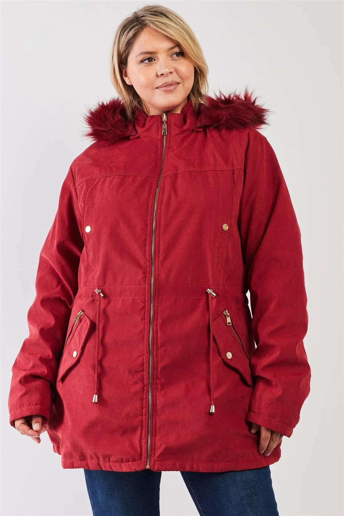 Plus Size Red Reversible Vegan Fur Cotton Puffer Jacket