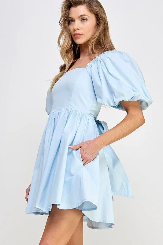 Powder Blue Puffled Balloon Sleeve Tie Back Dress