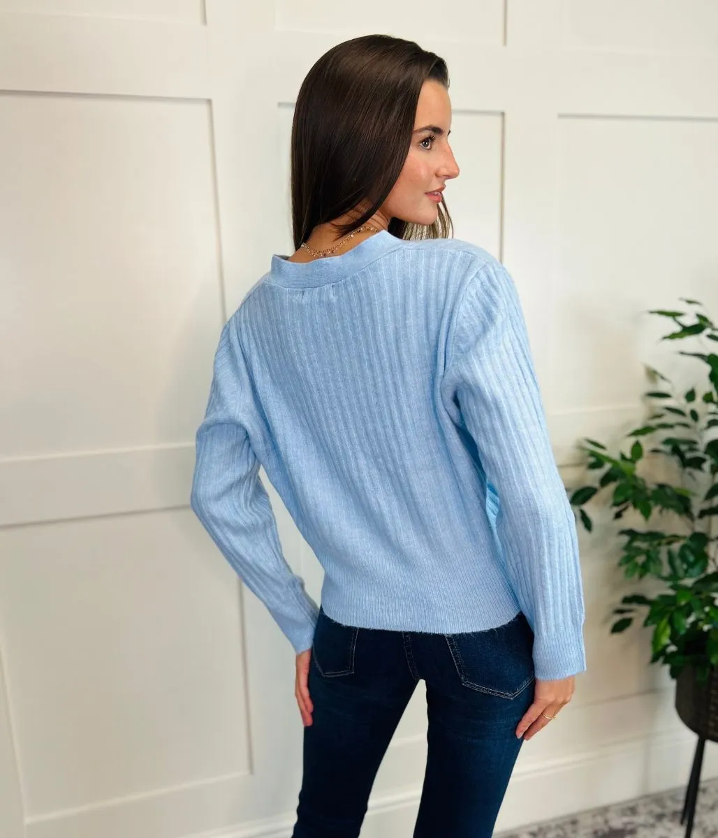 Powder Blue Ribbed Knit Button Cardigan