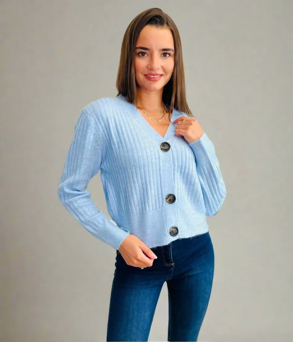 Powder Blue Ribbed Knit Button Cardigan