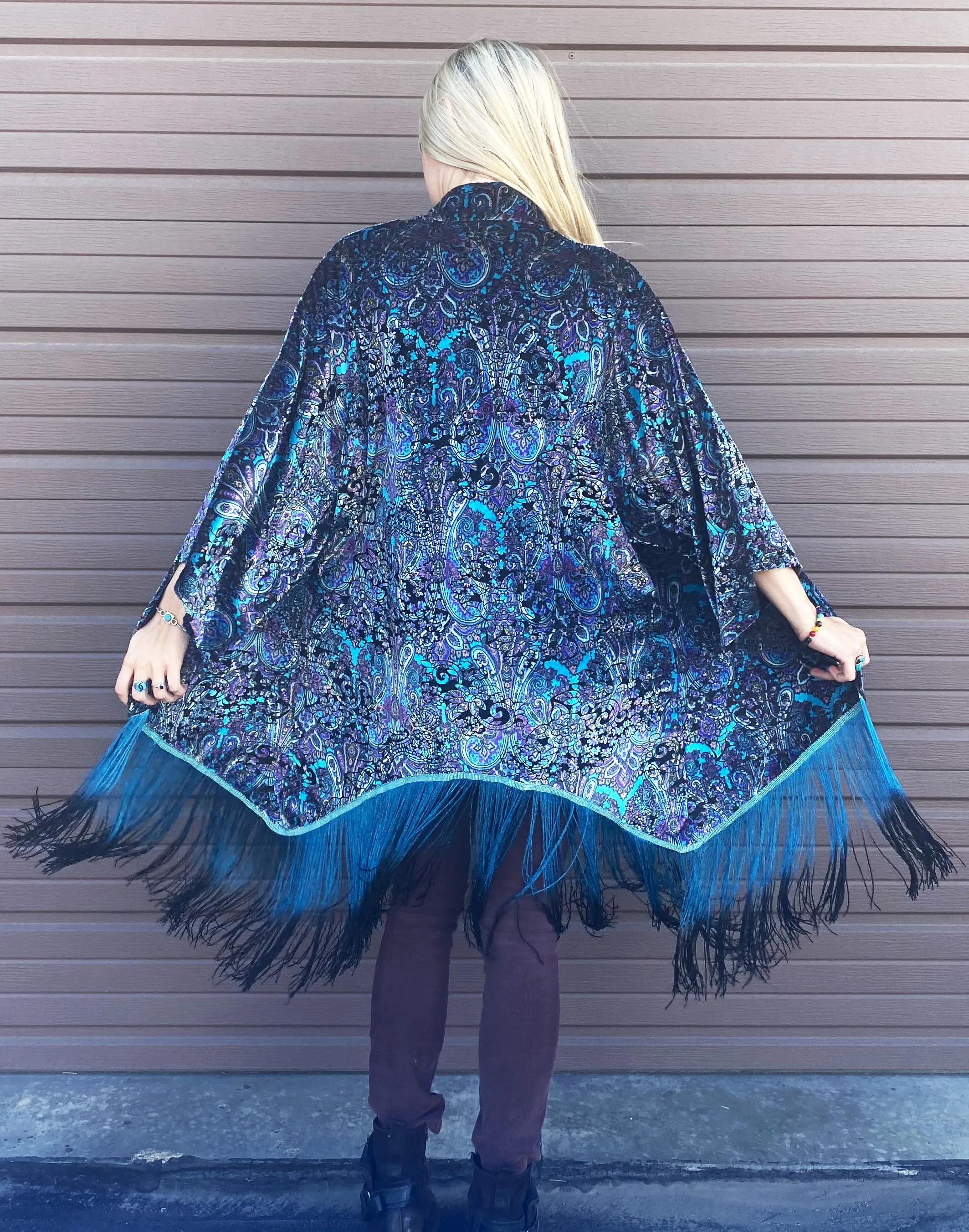 Purple Paisley Burnout Velvet Kimono with Teal/Black Ombre Fringe