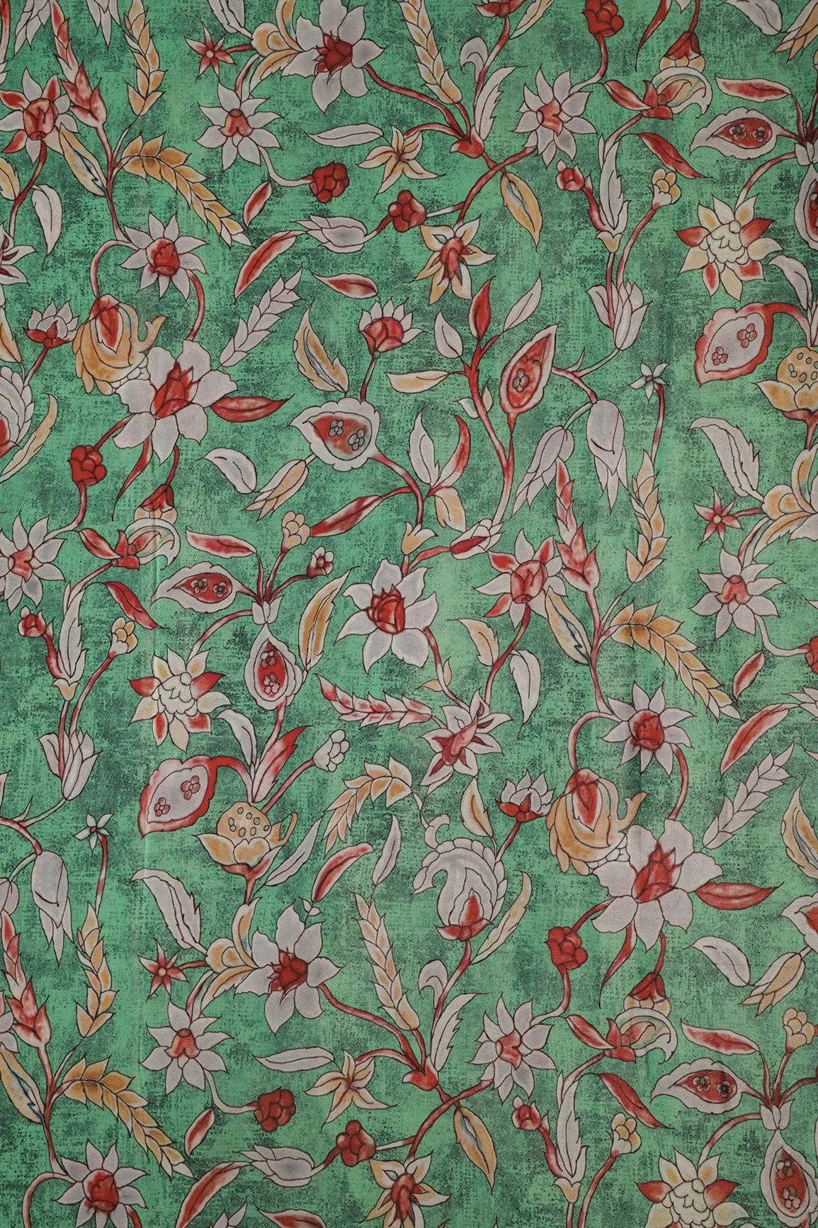 Red And Light Grey Floral Pattern Digital Print On Light Green Crepe Fabric