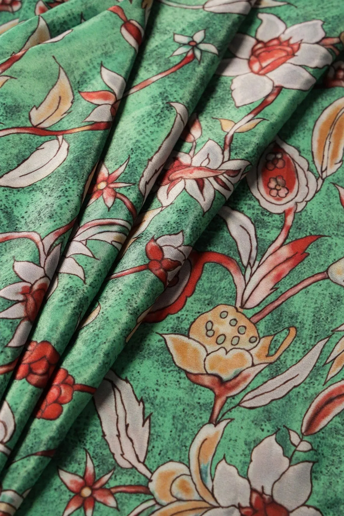 Red And Light Grey Floral Pattern Digital Print On Light Green Crepe Fabric