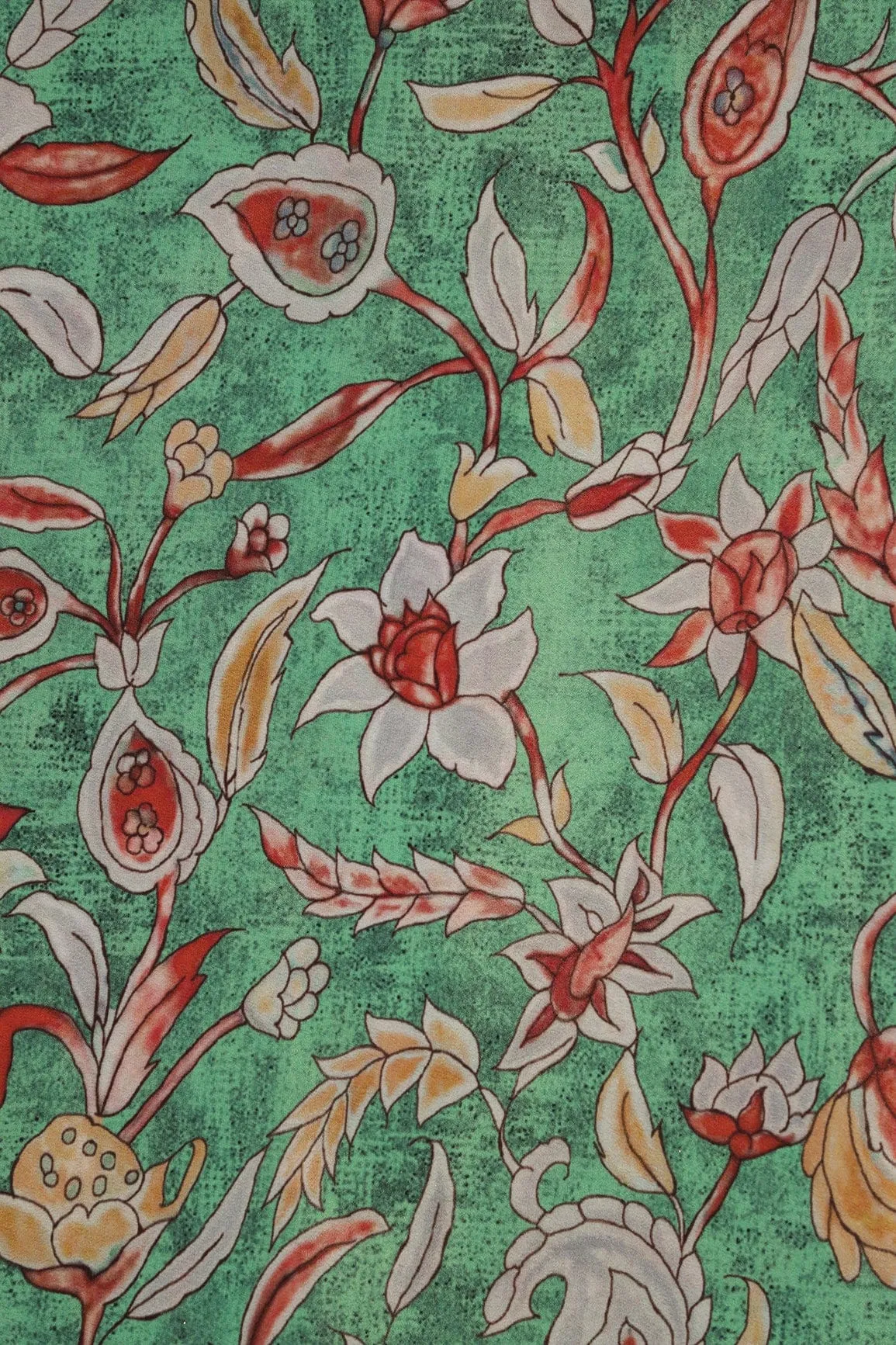 Red And Light Grey Floral Pattern Digital Print On Light Green Crepe Fabric