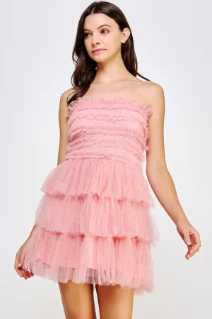 Rose Pink Tiered Rhinestone Tulle Frills Mini Dress