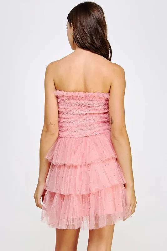 Rose Pink Tiered Rhinestone Tulle Frills Mini Dress