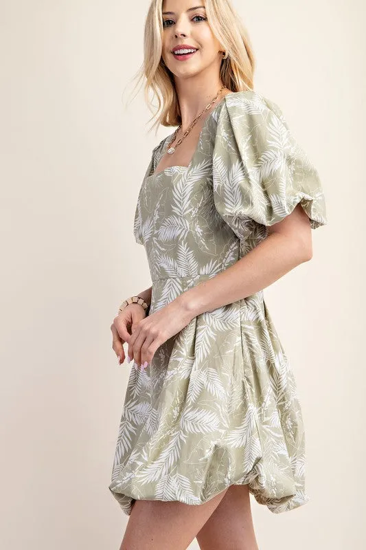 Sage Printed Bubble Hem Short Sleeve Dress