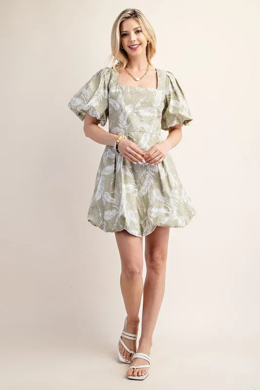 Sage Printed Bubble Hem Short Sleeve Dress