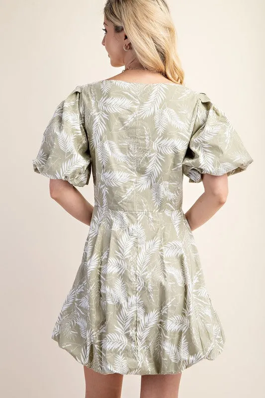 Sage Printed Bubble Hem Short Sleeve Dress