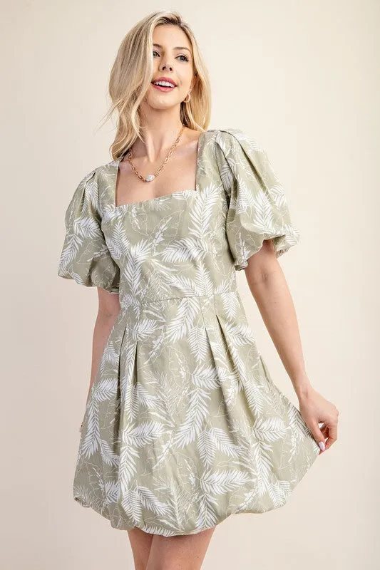 Sage Printed Bubble Hem Short Sleeve Dress