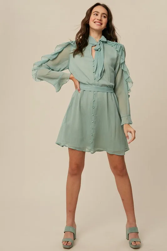 Sea Foam Tie Neck Ruffle Button down Chiffon Dress