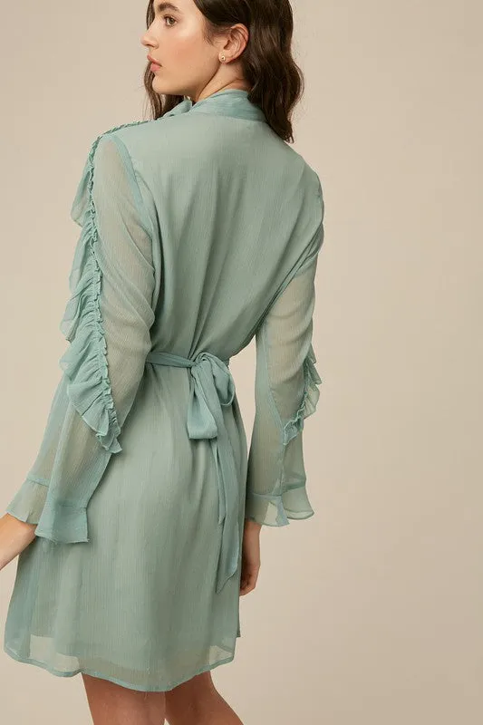 Sea Foam Tie Neck Ruffle Button down Chiffon Dress