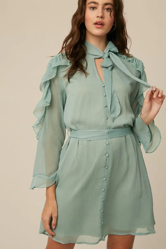 Sea Foam Tie Neck Ruffle Button down Chiffon Dress