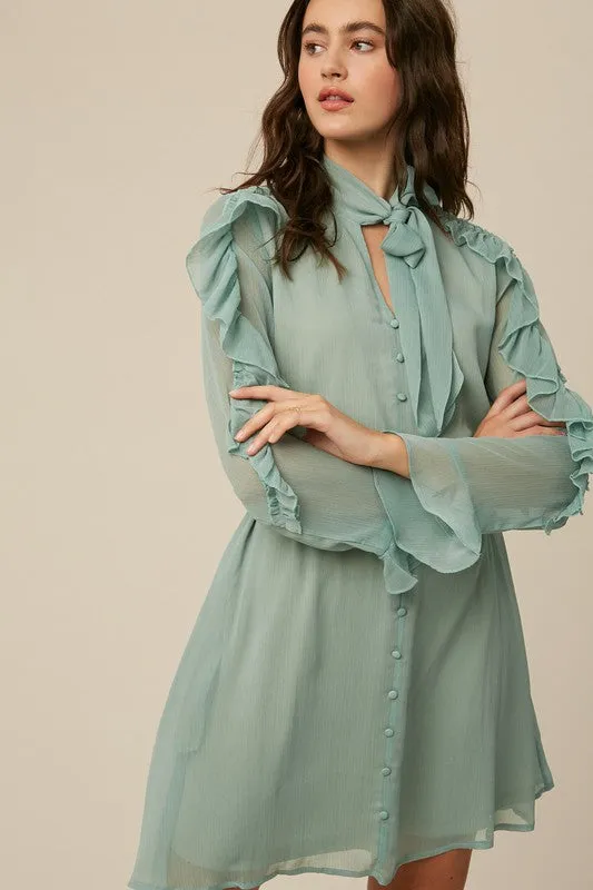 Sea Foam Tie Neck Ruffle Button down Chiffon Dress