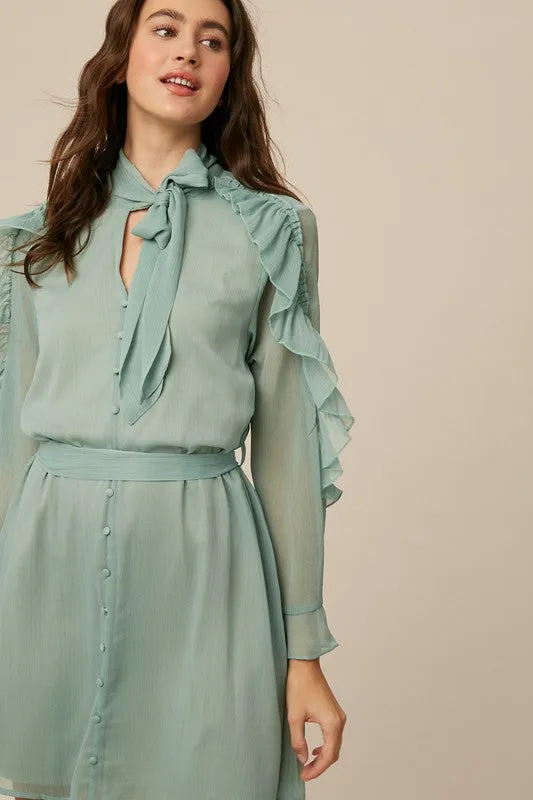 Sea Foam Tie Neck Ruffle Button down Chiffon Dress