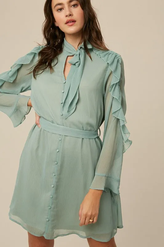 Sea Foam Tie Neck Ruffle Button down Chiffon Dress