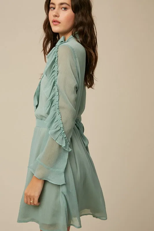 Sea Foam Tie Neck Ruffle Button down Chiffon Dress