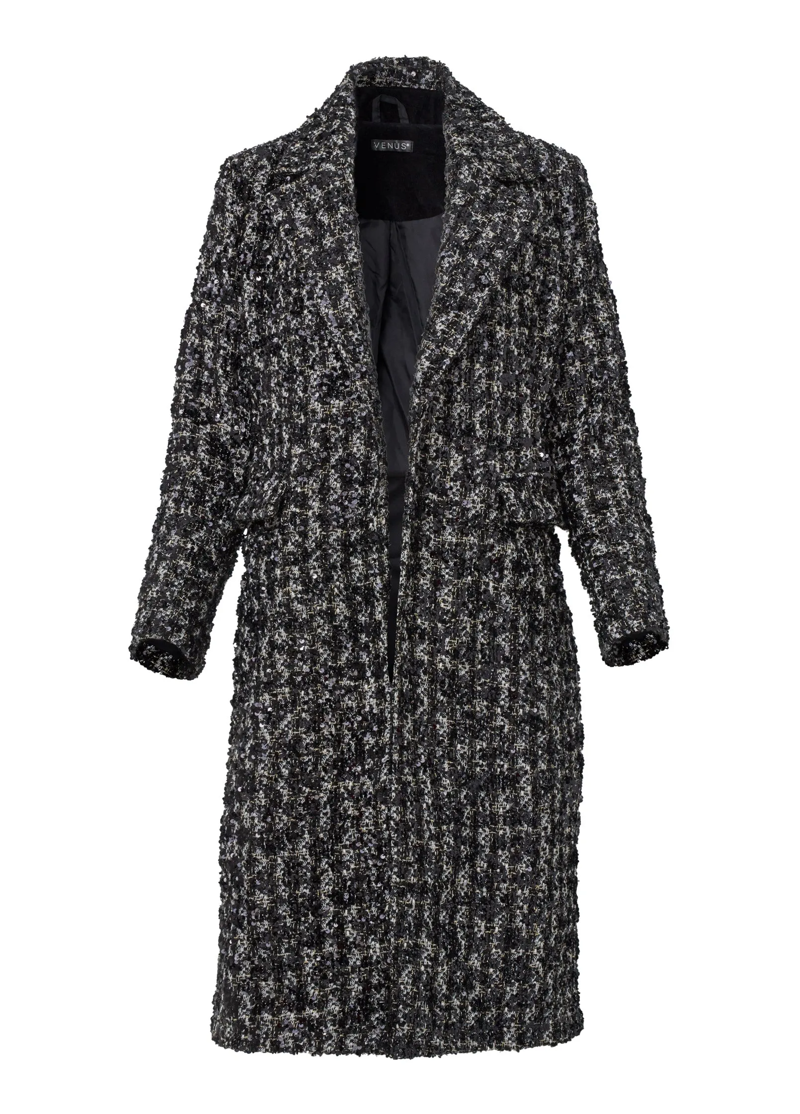 Sequin Detail Tweed Coat - Black Multi