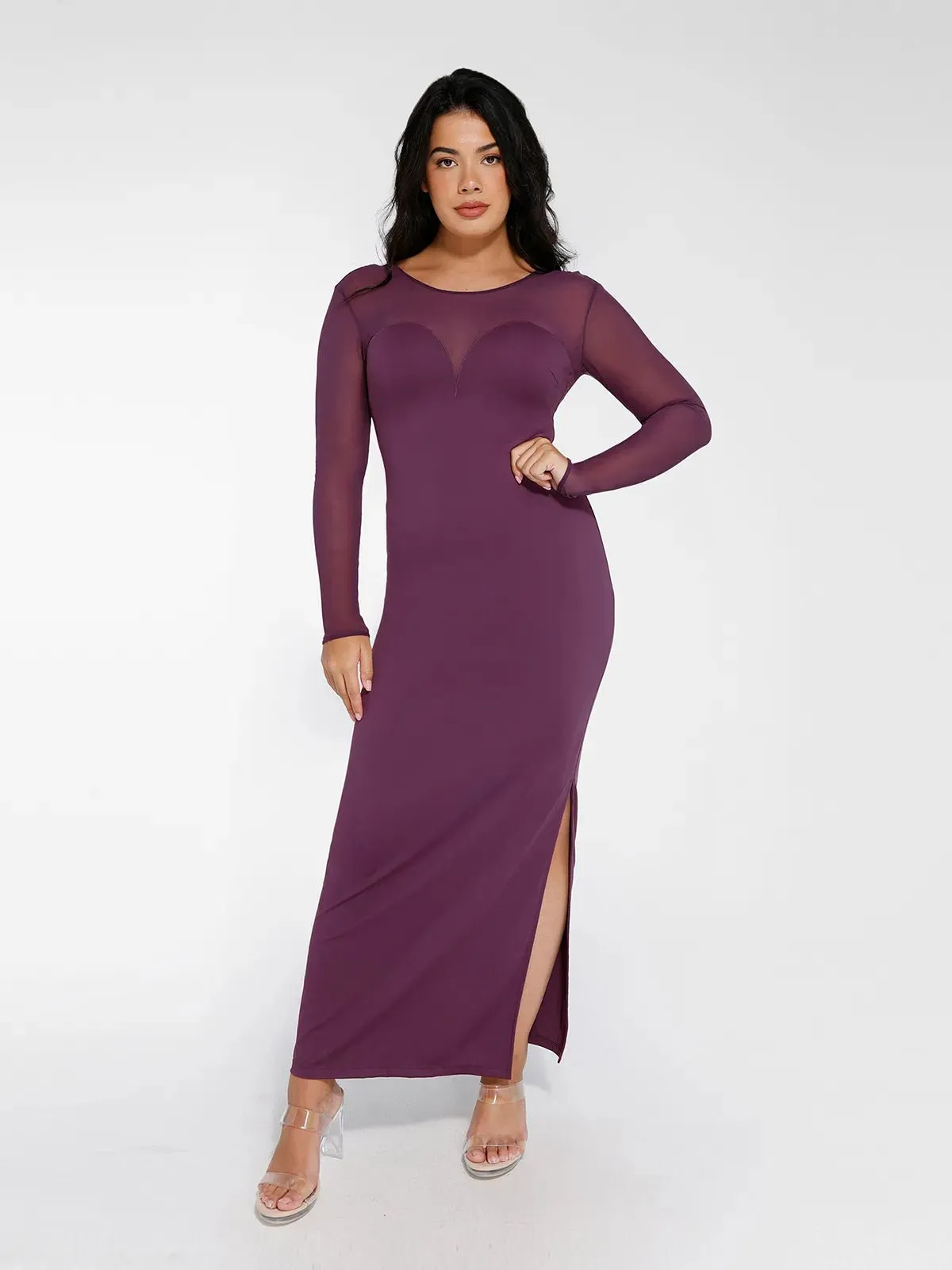 Shapewear Mesh Long Sleeve V-Back Slimming Maxi Dress