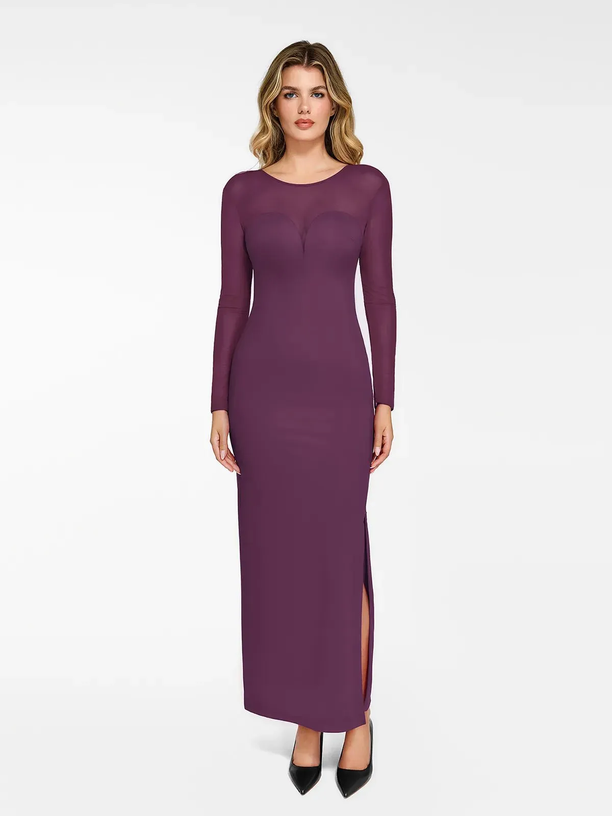 Shapewear Mesh Long Sleeve V-Back Slimming Maxi Dress