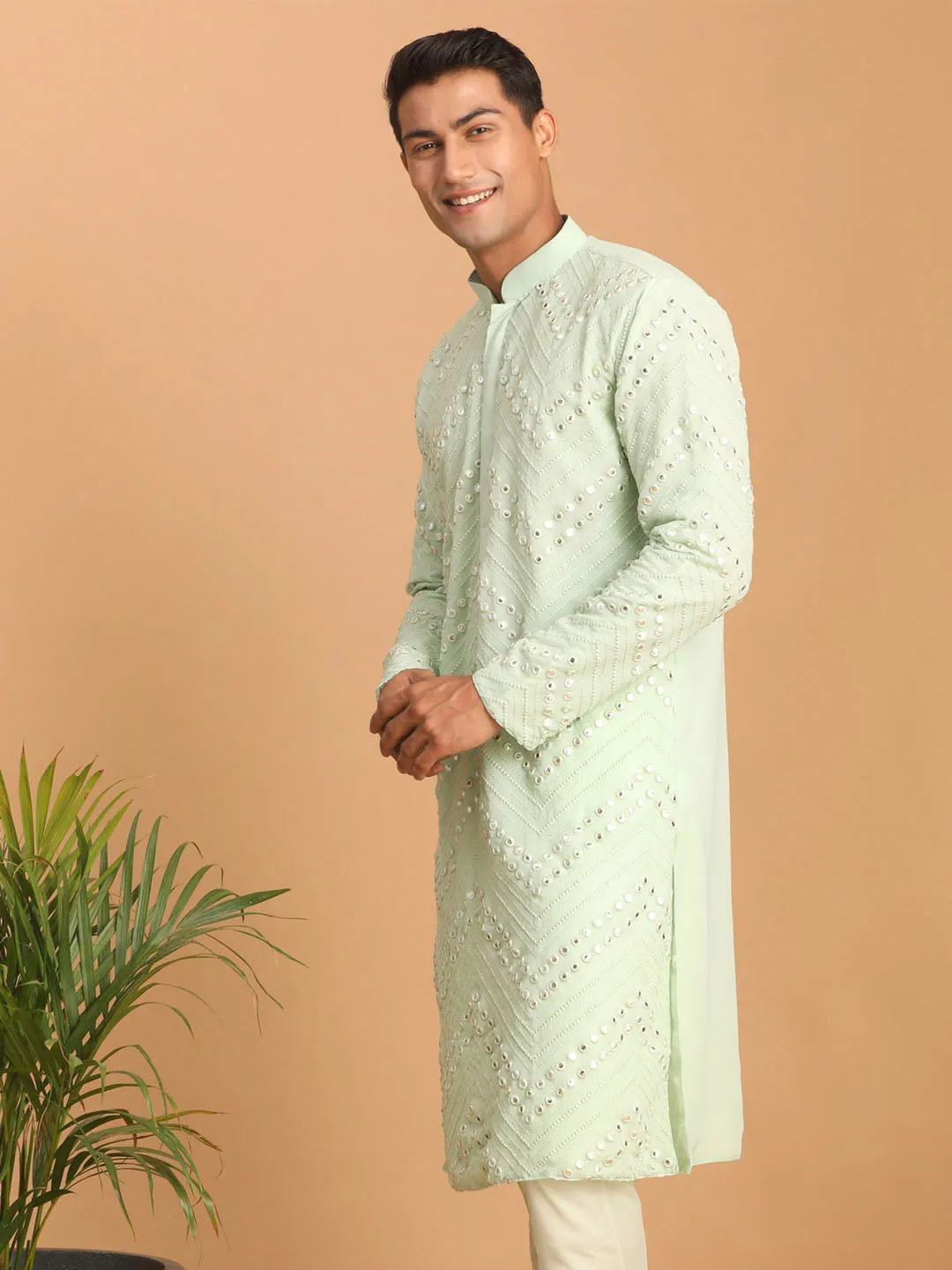 SHRESTHA By VASTRAMAY Men's Mint Green Mirror Kurta