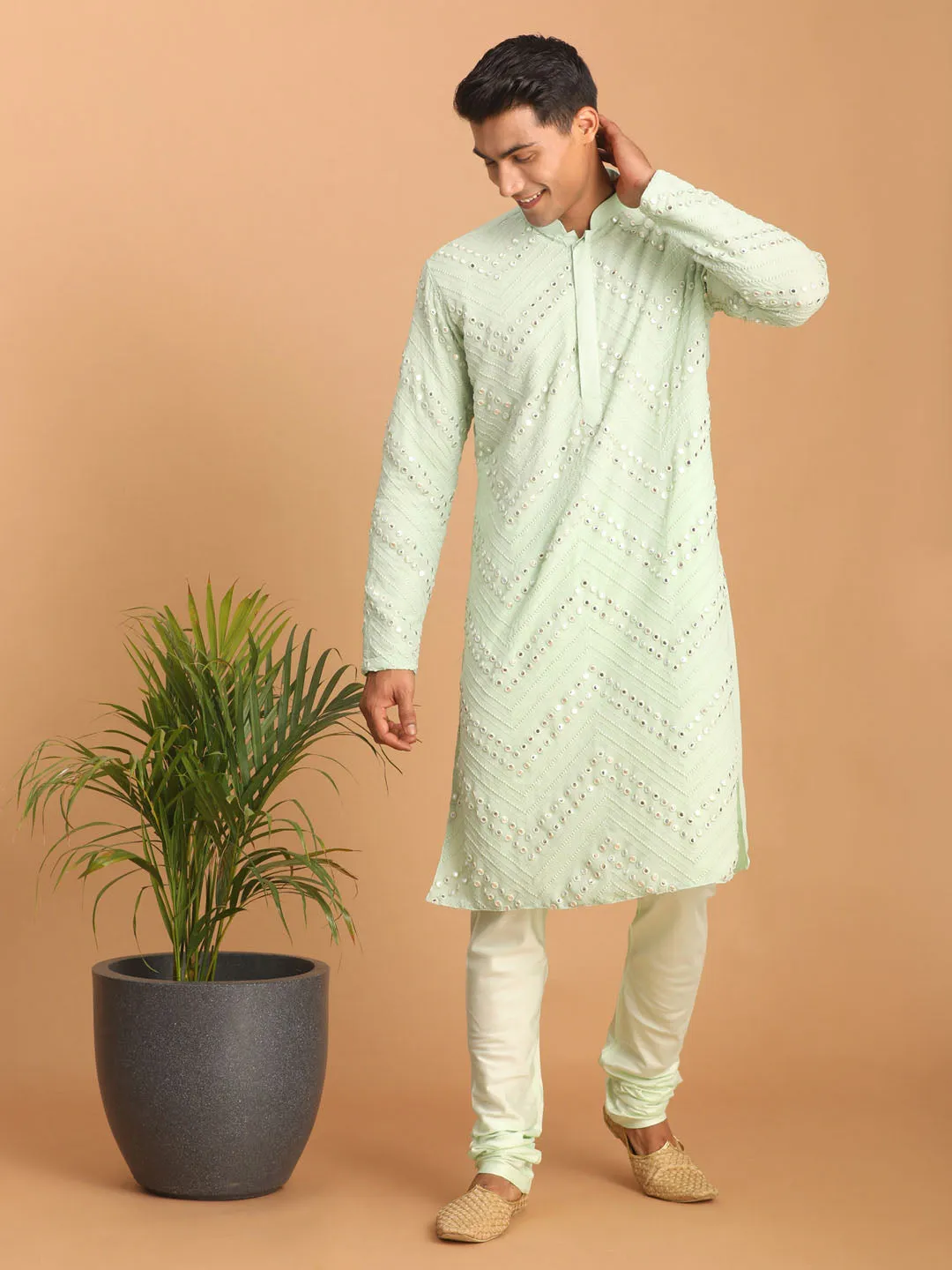 SHRESTHA By VASTRAMAY Men's Mint Green Mirror Kurta