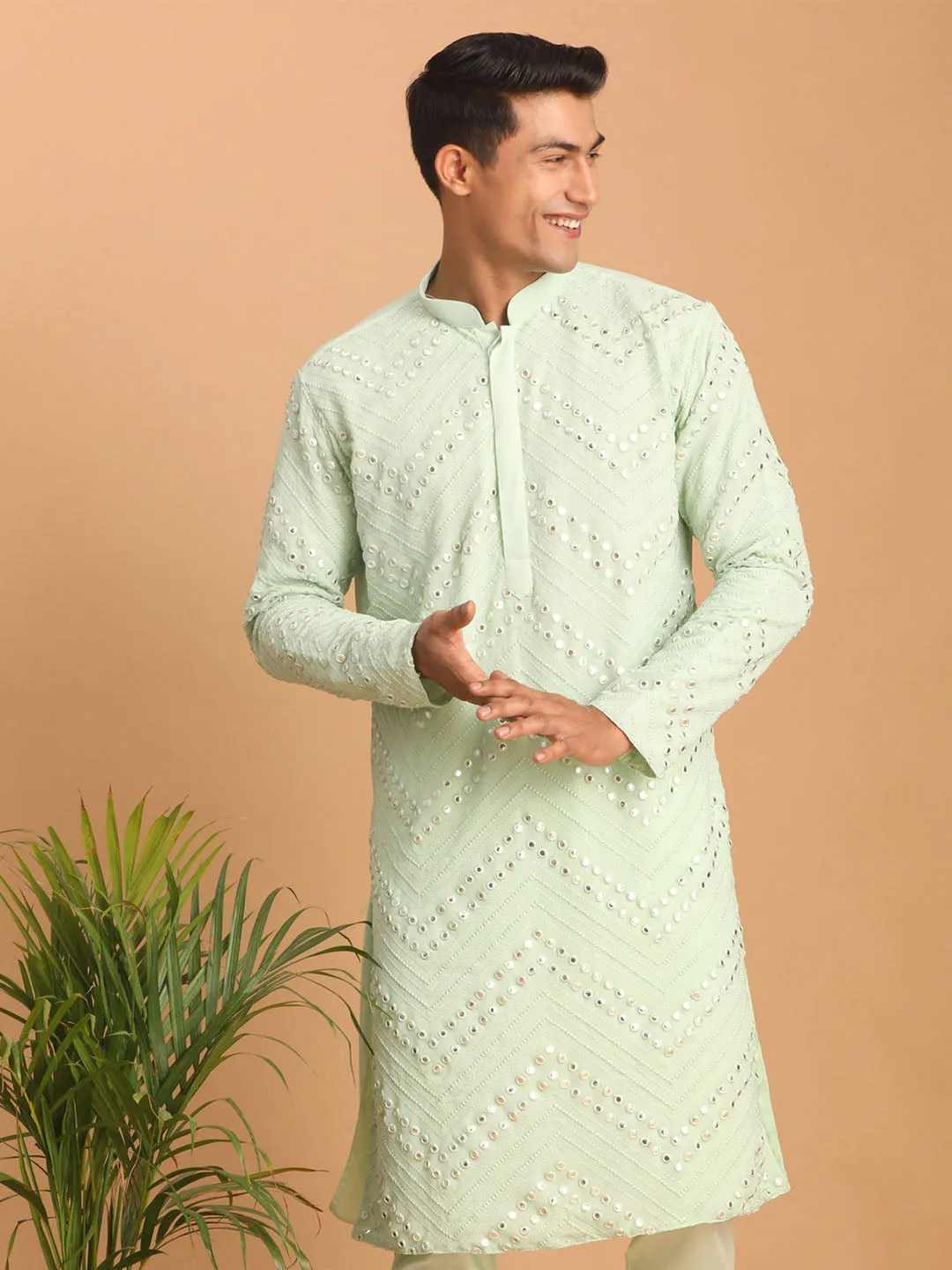 SHRESTHA By VASTRAMAY Men's Mint Green Mirror Kurta