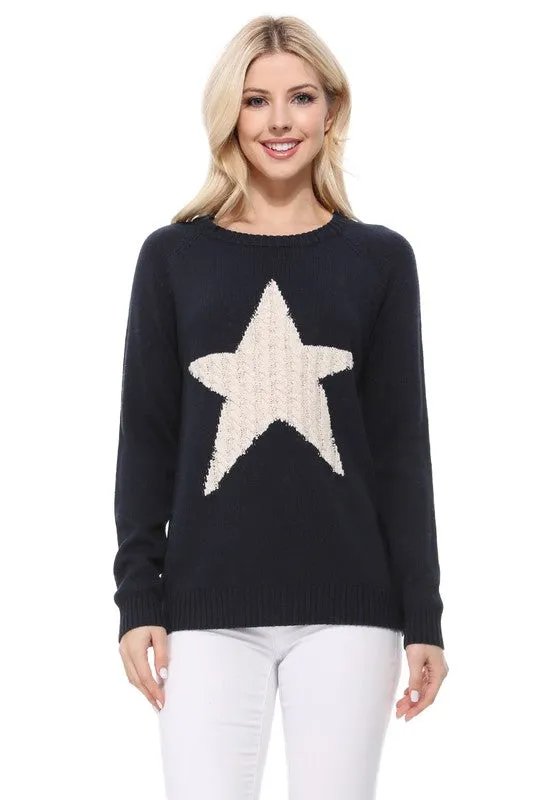 Star Jacquard Round Neck Pullover Sweater available in 3 colors