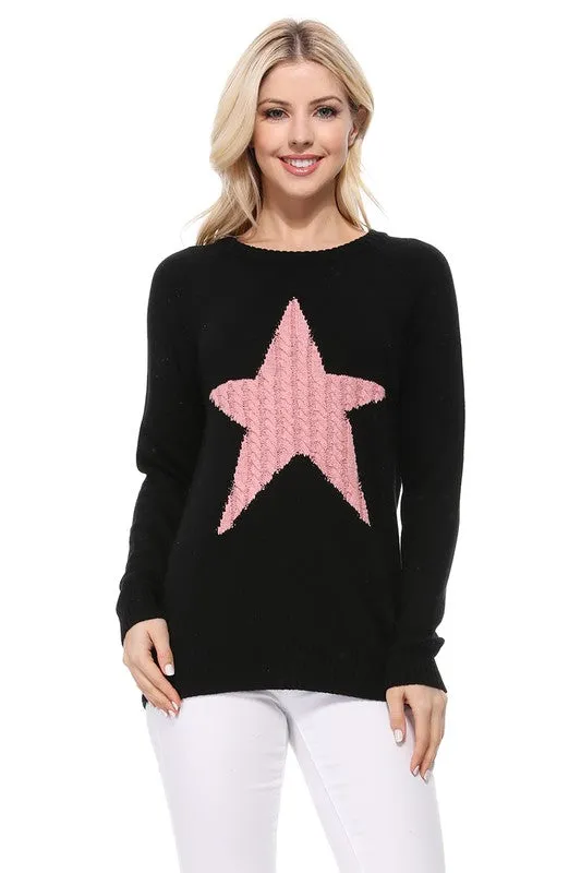 Star Jacquard Round Neck Pullover Sweater available in 3 colors