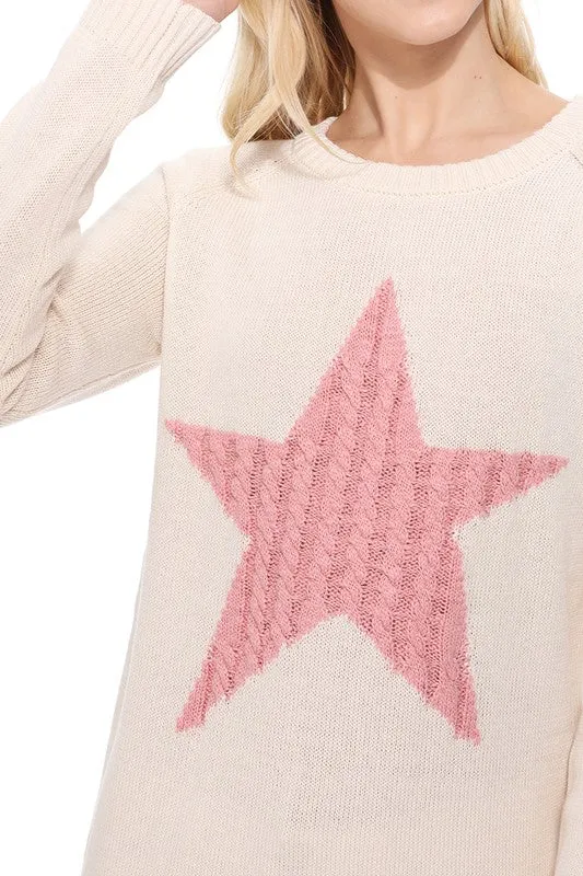 Star Jacquard Round Neck Pullover Sweater available in 3 colors