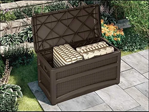 Suncast 73 Gallon Resin Wicker Patio Storage Box with Wheels and Seat, Mocha