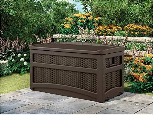 Suncast 73 Gallon Resin Wicker Patio Storage Box with Wheels and Seat, Mocha