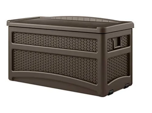 Suncast 73 Gallon Resin Wicker Patio Storage Box with Wheels and Seat, Mocha