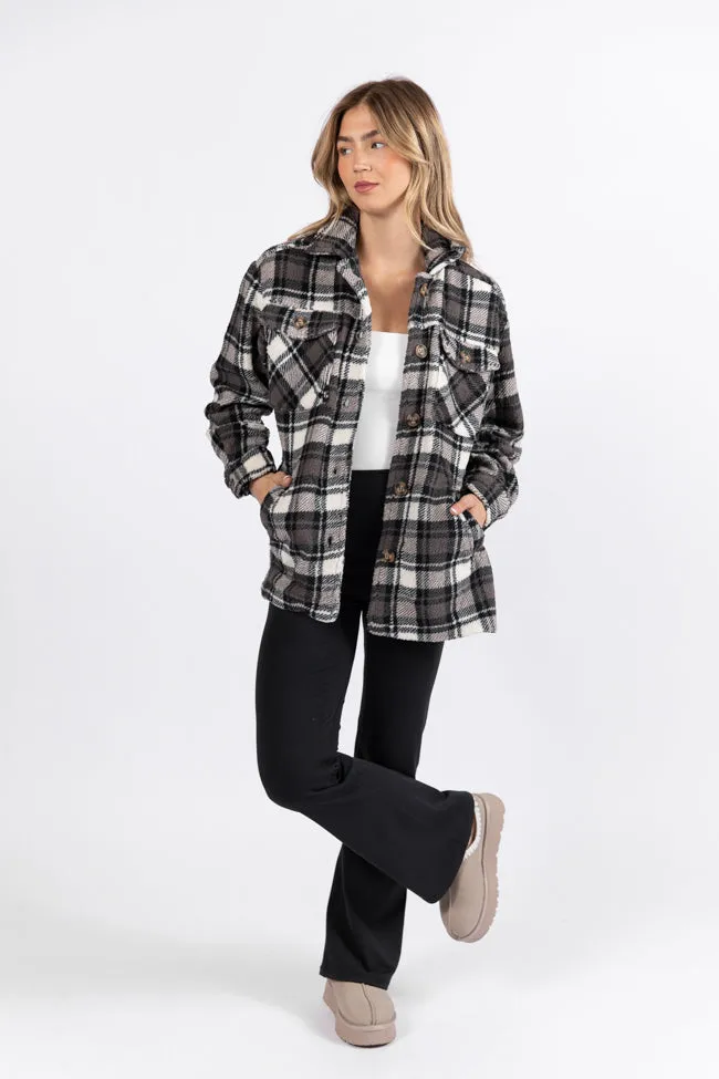 Through The Leaves Black Plaid Sherpa Shacket