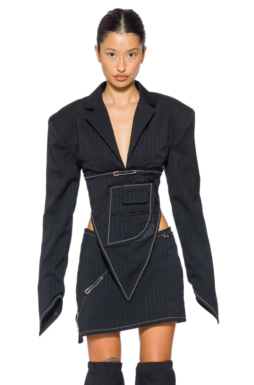 V CUT OPEN BACK BLAZER IN BLACK PIN STRIPE SUITING