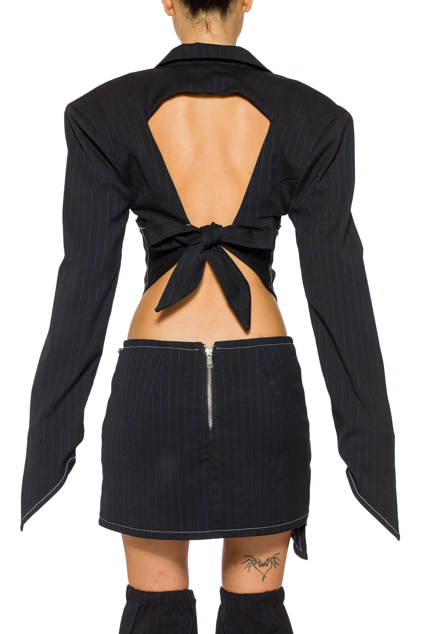 V CUT OPEN BACK BLAZER IN BLACK PIN STRIPE SUITING